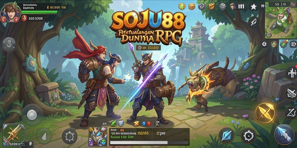 Tangkapan layar menampilkan pertempuran epik dalam dunia RPG SOJU88.